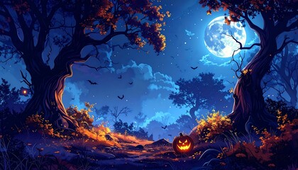 Halloween night scene with trees, moon, and jack-o'-lantern
