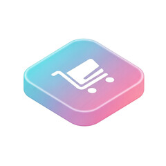 Isometric 3D Shopping App Icon with Square Rounded Tile in Pastel Blue-to-Pink Gradient and Shopping Cart Logo