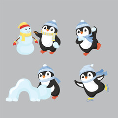 Penguin in winter activities. Little cute cartoon penguins characters play fun, make snowman, skating and skiing vector set. Illustration of winter penguin animal, bird in snow, baby funny