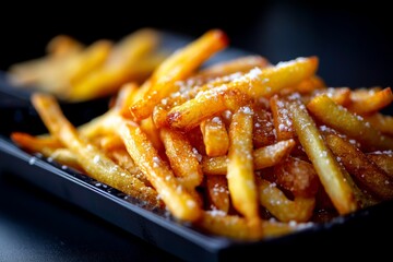 Macro detail close-up photography of a delicious french fries on a plastic tray in dark background