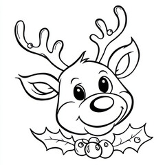 Cartoon reindeer head outline, black and white, representing Christmas and holiday cheer, with copy space