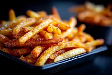 Macro detail close-up photography of a delicious french fries on a plastic tray while standing against dark background