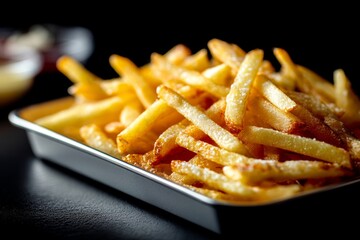 Macro detail close-up photography of a delicious french fries on a plastic tray in dark background