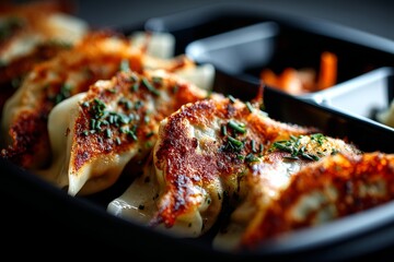 Detailed close-up photography of a delicious gyoza in a bento box isolated in dark background
