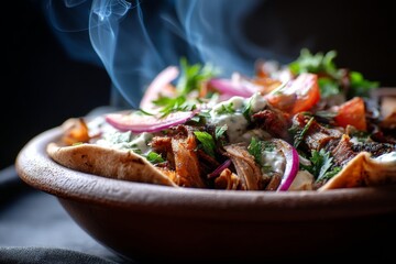 Detailed close-up photography of a juicy shawarma in a clay dish in front of dark background