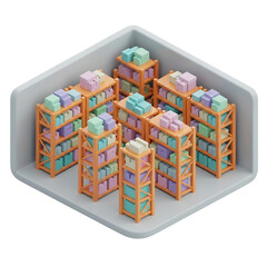 Isometric 3D Storage Warehouse Interior with Pastel Gray Walls and Tall Orange Shelves Stacked with Boxes