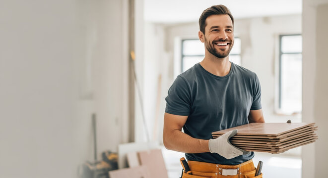 High quality home improvement, a man carries flooring materials for a modern house. High quality renovation includes new tiles and professional installation in future living room.