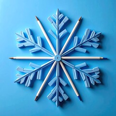 Light blue snowflake design formed by white pens and light blue shapes on a vibrant, solid, bright blue background