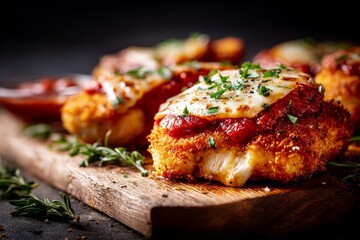 Close-up view photography of a delicious chicken parmesan on a wooden board over dark background
