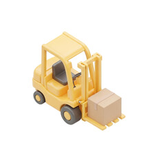 Isometric 3D Compact Forklift in Pastel Yellow Carrying a Cardboard Box with Rounded Arms and Glossy Finish