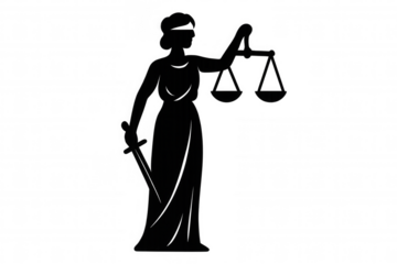 Lady justice silhouette standing, holding scales of balance and sword, representing law, fairness, and legal system