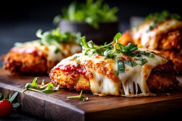 Close-up view photography of a delicious chicken parmesan on a wooden board isolated on dark background