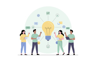 A group of four diverse team members brainstorming together around a large light bulb, symbolizing creativity and innovation. Concept image of people working together to think of new ideas.