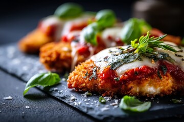 Macro detail close-up photography of a tasty chicken parmesan on a slate plate in dark background