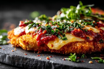 Macro detail close-up photography of a tasty chicken parmesan on a slate plate on dark background