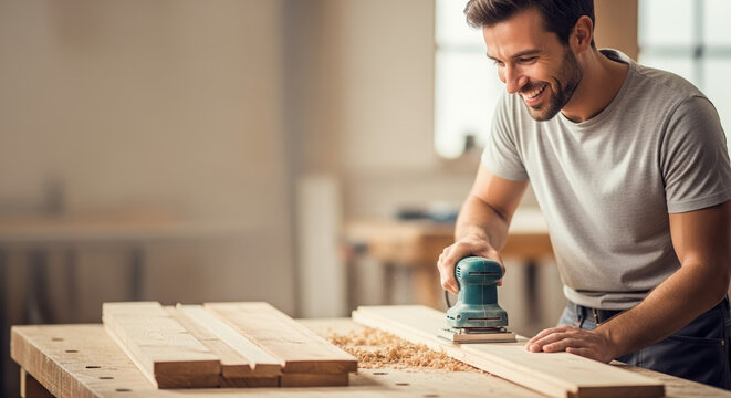 Man sanding wood with electric sander in workshop, creating smooth surface. Using electric sander, skilled craftsman prepares wooden planks, focusing on precision and quality in wood processing. - Powered by Adobe