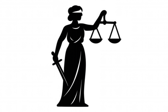 Lady justice silhouette standing, holding scales of balance and sword, representing law, fairness, and legal system