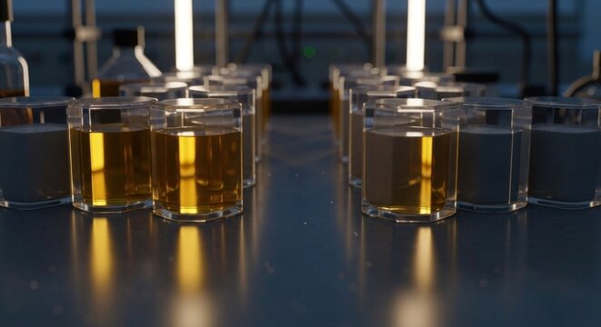 Close-up of lab vials with liquid samples, rows lit by overhead lighting