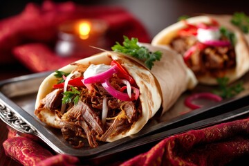 Macro view photography of a delicious doner kebab on a metal tray isolated in chenille fabric background