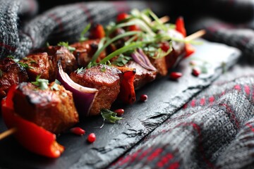 Macro detail close-up photography of a tempting kebab on a slate plate in front of chenille fabric background