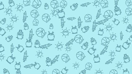 animated summer holiday icon seamless pattern featuring beach balls, coconut drinks, surfboards, sun, and luggage for vacation vibes and travel adventures