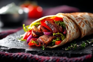 Macro detail close-up photography of a tempting kebab on a slate plate over chenille fabric background