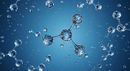 Molecular structures floating in liquid against a blue background