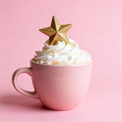 Pink mug of hot chocolate with whipped cream and golden Christmas star ornament