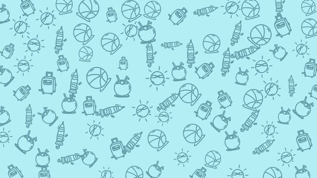 animated summer holiday icon seamless pattern featuring beach balls, coconut drinks, surfboards, sun, and luggage for vacation vibes and travel adventures