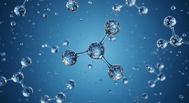 Molecular structures floating in liquid against a blue background - Powered by Adobe