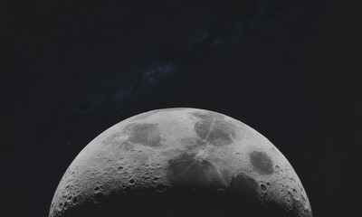 Close-up of the Moon's surface with visible craters and a faint starry sky in the background