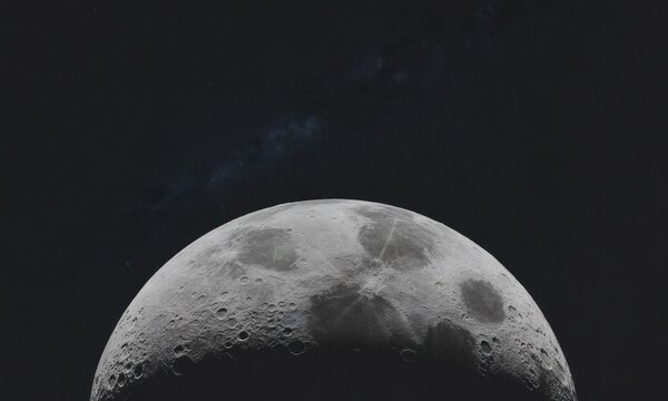 Close-up of the Moon's surface with visible craters and a faint starry sky in the background