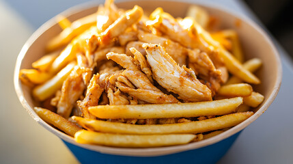 Close-up of a bowl filled with crispy French fries and juicy, seasoned chicken pieces. Delicious and satisfying meal, perfect for a quick lunch or snack.