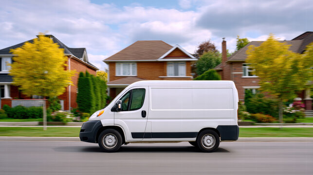Smart delivery van drives efficient routes in residential zones with autumn trees and suburban houses in background