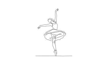 Graceful Ballerina Dancing en Pointe in Single Continuous Line Art on Isolated White Background