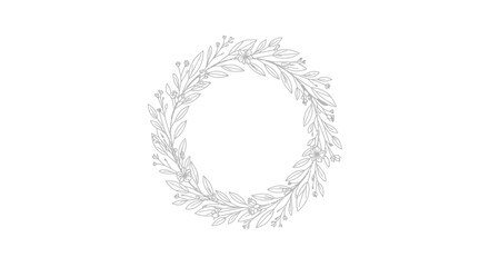 Elegant Botanical Leaf Wreath Drawing in Continuous Line Art on Isolated White Background