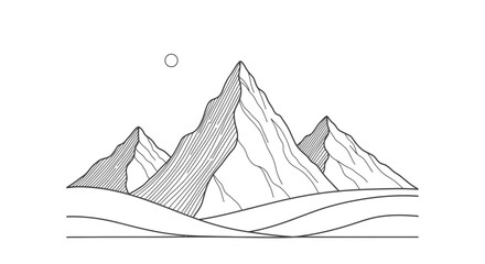 Majestic Mountain Peaks Landscape with Sun or Moon, in Continuous Line Art Style, Isolated White Background
