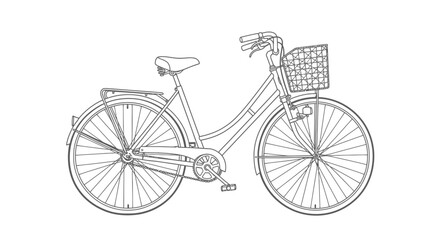 Vintage Bicycle with Basket in Continuous Line Art Style, Isolated White Background
