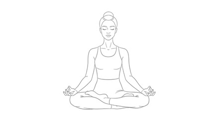 Peaceful Woman Meditating in Lotus Pose, Practicing Yoga, in Continuous Line Art Style, Isolated White Background