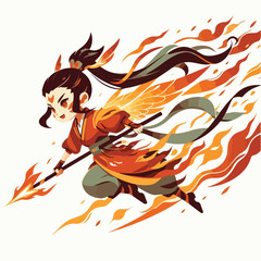 Fiery Chibi Anime Character with Spear