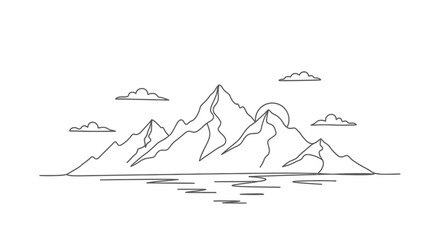Scenic Mountain Landscape with Sun or Moon Rising, in Continuous Line Art Style, Isolated White Background