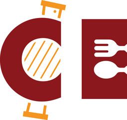 Creative Letter C (Grill) and E (Cutlery) Food Logo, Barbecue Restaurant and Catering Service Icon Vector, Abstract Chef and Eatery Branding Mark, Maroon and Orange Design with Spoon, Fork, 