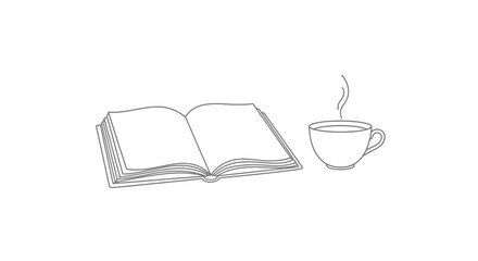 Open Book with Steaming Hot Drink Cup in Continuous Line Art Style, Isolated White Background