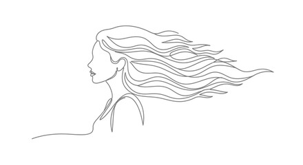 Woman Profile with Hair Flowing in Wind, Serene and Free, Isolated White Background