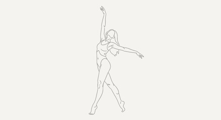 Graceful female dancer performing an elegant ballet pose with arms raised, showcasing fluid artistic movement in a bright studio.
