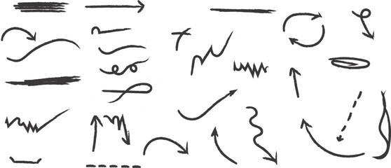 Black crayon arrow collection with curved and straight, spiral and dashed hand-drawn scribble vector elements.	