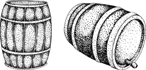 Intricate black-and-white engraving of two barrels, perfect for winery, rustic, or vintage design projects.