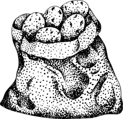 A detailed black and white engraving of a sack filled with potatoes, showcasing intricate dot shading and classic illustration style. Ideal for rustic or vintage designs.