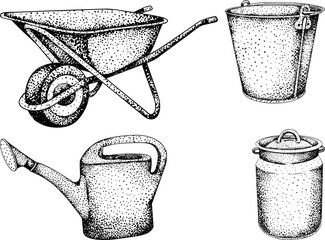 Intricate black-and-white engraving of garden hoes, perfect for farming, gardening, or rustic design projects.