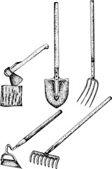 Intricate black-and-white engraving of three garden hoes with detailed dot patterns, perfect for farming, gardening, or rustic design projects.